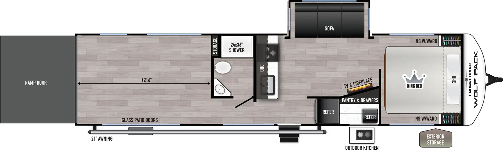 The Wolf Pack 27-12.5 floorplan is a toy hauler that has two entries and one slide out. Exterior features include: fiberglass exterior and 21' awning. Interiors features include: front bedroom.